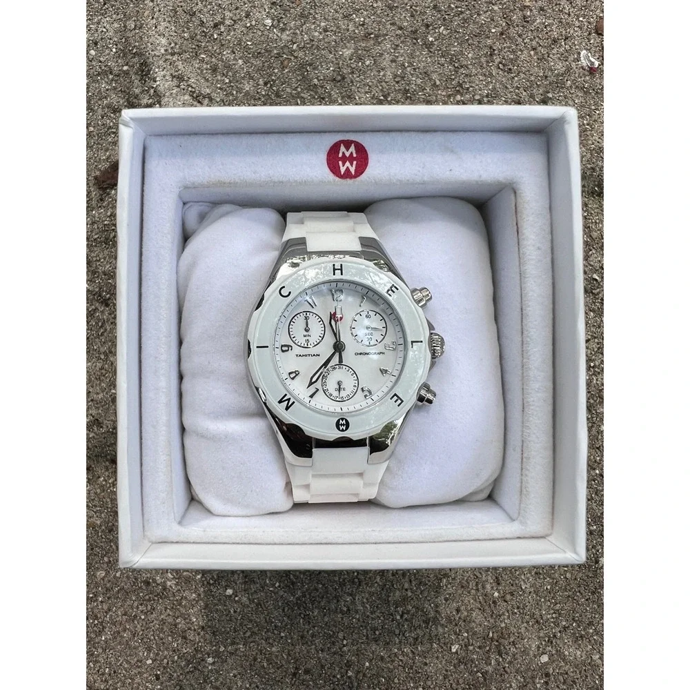 Michele Tahitian White Jelly Chronograph Steel Quartz Watch NWT